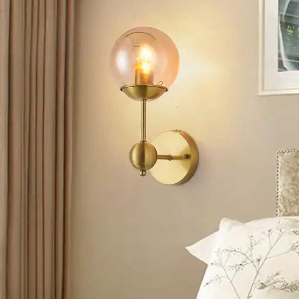 1-Light Modern Farmhouse Gold Indoor Wall Sconce With Amber Glass (New) in Box - Picture 2 of 8